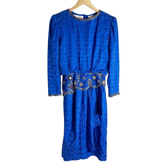 Vintage Dresses & Skirts - Vintage 80s d’ore Royal Blue Jewel Beaded Silk Jacquard Long Sleeve Dress Size 8